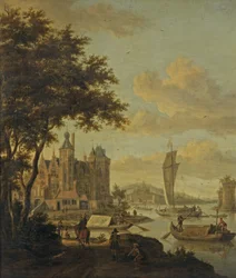 Niederländische Strandszene mit Schiffen